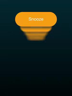The image shows an orange"Snooze" button overlaid on a gradient navy blue background. At the bottom is a blurred orange shadow, the button is a horizontal rounded rectangle with the word "Snooze" in white, centered within the orange shape.