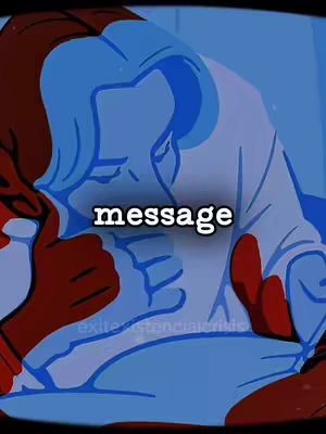 An artistic, stylized image with a dark blue background, featuring a figure with light blue hair and a white top appearing to embrace or be embraced by another figure with red hands and a red sleeve. The text overlayed in a white, rectangular box reads 'message'. The overall tone is melancholic