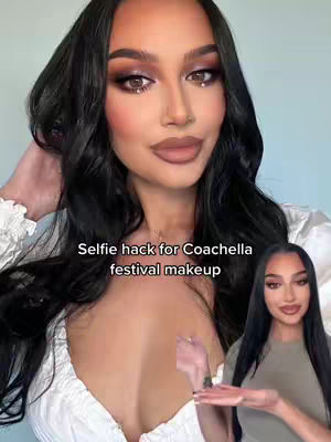 A woman with long black hair and dramatic makeup poses with her hand on her head, and a small image of the woman showing a makeup product, with the text overlay: Selfie hack for Coachella festival makeup.