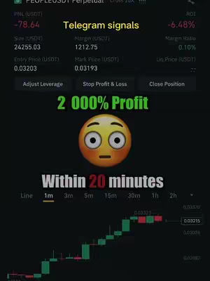 The cover image shows a Binance interface, overlaid with text about Telegram signals and profit. A surprised emoji is central, with a green and red financial graph at the bottom.