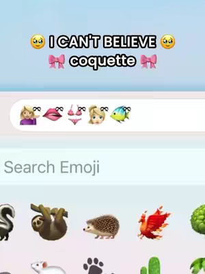 The cover image displays a user interface with an iOS keyboard. Above the keyboard, there's a blue background with the text "I CAN'T BELIEVE" with sad face emojis on each side, followed by the word "coquette" between two bow emojis. Below, there is a line of emojis, including a woman with wavy hair, lips, a bikini, another woman with a bow and eye emoji, and a fish emoji. Below that is "Search emoji,". The emojis are displayed on a white background.