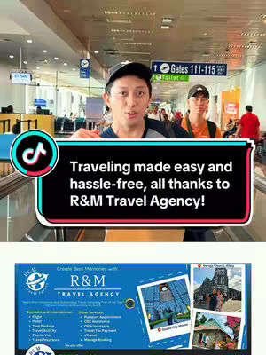 A selfie-style video taken in an airport setting. The main focus is a man in a black cap, speaking directly to the camera, with a woman in a cap and a red shirt visible in the background further behind him. The text overlay features a stylized rectangular box with the video's hook, and lower in the image, there's a promotional graphic displaying R&M Travel Agency's logo and services.