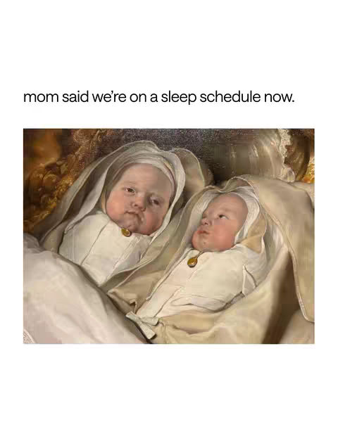 An artistic rendering of two babies in a religious context. They are swaddled in white cloth, with their heads covered by white bonnets or veils. The babies are facing towards the viewer. The background appears to be a rich, textured, and muted-toned canvas, reminiscent of Renaissance painting.