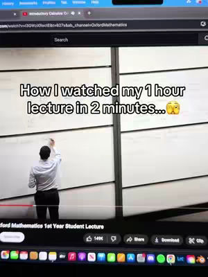 A screen recording of a YouTube video playing on a laptop. The video shows a person writing on a whiteboard. Text overlay on the screen reads "How I watched my 1 hour lecture in 2 minutes...". The video is set against a background of black vertical blinds.
