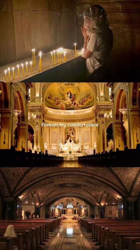 The cover image is a multi-panel composition depicting a woman in a church setting. The top panel shows a woman kneeling in prayer with candles in front of her. The middle panel shows the interior of a church with gold leaf detailing, while the bottom panel showcases the church's interior with arched ceilings. The image has a warm color palette with the focus primarily on the architecture and religious symbolism.