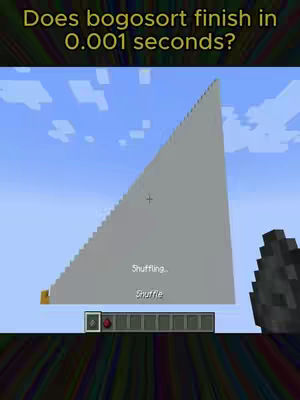 The cover image is a Minecraft scene with a light blue sky background. In the center, a large gray triangular structure resembles a data visualization, possibly representing the bogo sort algorithm. Text overlays are positioned at the top and within the structure, labeled with the question, "Does bogosort finish in 0.001 seconds?" Below the main structure, there is a section that includes a red button and bars. There are also other Minecraft elements on the right side of the structure. The overall composition is a mix of the game and the data visualization.