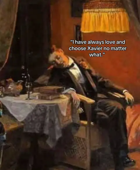 The image is a painting-styled illustration. In the center, a man in a dark suit sits slumped in a wooden chair, head resting on the table. A table is set with books, a wine glass, and a small decorative item. A warm-toned lampshade casts light, and the background has a blurry, old-fashioned room setting. Overlayed text is placed on the right side.