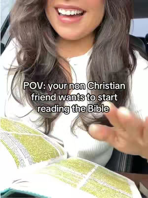 A woman with long brown hair is smiling and holding a Bible open in front of her, in a white top, the text overlay is visible with the hook.
