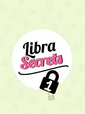 The cover image is a stylized design with a light green background. Centered on the image, there's a white circle, inside of which is the phrase "Libra Secrets" in a stylish, multi-layered font. The word "Libra" is in a bold, black font, while "Secrets" is in a pink color with a black outline. Below the words is a curved black line. To the lower right, there's a black lock with a white number one inside. The overall design has a whimsical or playful vibe.