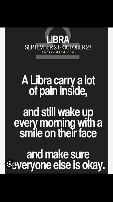 A graphic with a black background, white text, and a decorative gray circle at the top. It lists "LIBRA" with dates for the zodiac sign. Below, it contains a quote about Libras carrying pain but appearing happy and making sure everyone else is okay.