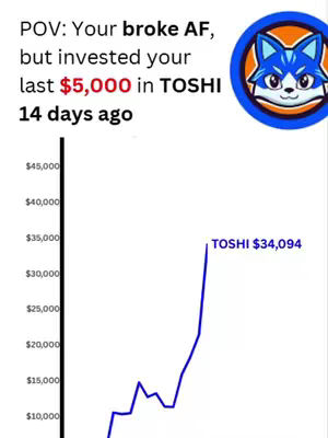 The cover image features a financial chart with a rising blue line, suggesting investment growth. Text overlays indicate a hypothetical investment in a cryptocurrency called TOSHI, comparing a $5,000 investment to its current value. The layout is simple, with text and chart elements dominating, and a logo is placed in the upper-right corner of the frame.