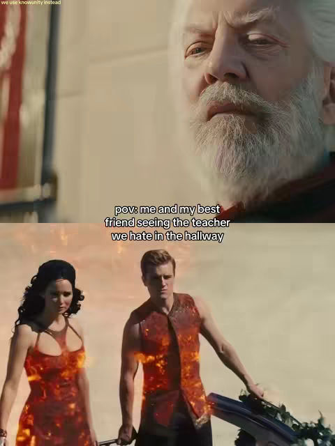 The image is a meme-style composite. The top portion features a close-up of an older man with white hair and a beard, likely from a film. Below, there's a scene with two young adults from a movie, one female in a fiery dress and a male in a similar fiery vest, hinting at action or drama. The layout is a split composition with text overlaid at the bottom, framed by the movie characters, suggesting a POV meme about teachers.