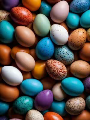 A vibrant, full-frame shot of a collection of bird eggs. The eggs vary widely in color—from striking shades of turquoise, teal, and blue to warm tones of brown, tan, and peach. Some eggs are speckled, while others are smooth. The arrangement is dense, with the eggs closely packed together.