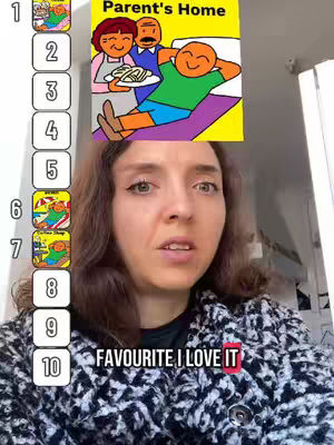 A woman with long brown hair, wearing a black and white patterned jacket, looks at the camera with a slight frown. Behind her, a set of numbered boxes and cartoon images are stacked next to a book titled 'Parent's Home'. Text overlays appear on the image. A small red box highlights the words 'FAVORITE I LOVE IT' at the bottom.