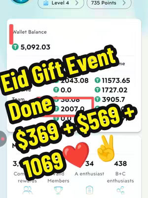 The cover image is a screenshot from the Treasure NFT app. The main elements are text overlays highlighting the "Eid Gift Event," along with several other details. In the background is some app elements, with several blocks of text and data. There is an emoji with the peace hand in the right corner. The color scheme is a mix of white, teal, and golden yellow.