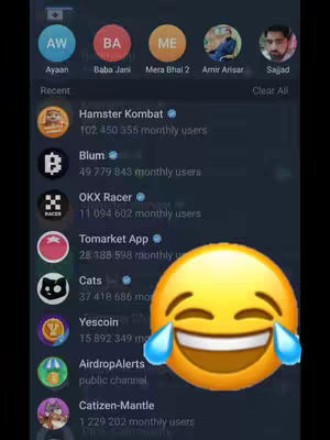The cover image shows a screenshot of a Telegram interface. It displays a list of recently accessed Telegram channels, including "Hamster Kombat," "Blum," and others. A large, yellow laughing face emoji with tears streaming from its eyes is overlaid on the lower right part of the screen.