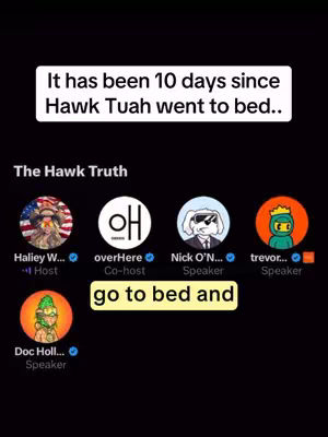 The cover image is a screenshot from a social media platform featuring a discussion forum. The background is dark, and the layout is vertical. In the upper section, there is white text on a black rectangle stating, "It has been 10 days since Hawk Tuah went to bed..". Below this, the image shows a conversation with profile pictures and usernames, representing participants. The profile pictures include various cartoon avatars and text labels. One of the labels highlights "go to bed and"in yellow color.