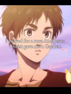 An anime-style image of a young man with brown hair and large eyes, set against a soft purple and pink background. Text is overlaid on the image, making the image a religious thematic.