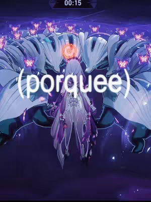 An animated fantasy character, a woman with long flowing white hair, stands centered, surrounded by a large white mechanical structure that fans out with angular wings. A series of small butterfly images hover throughout the background, setting a soft, luminous glow. In the foreground, a white text overlay in a rounded font reads "(PORQUEE)".