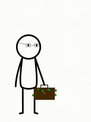 A simple cartoon illustration of a stick figure man holding a briefcase with money overflowing out the sides. He has glasses on and is looking to the side. The background is plain white.