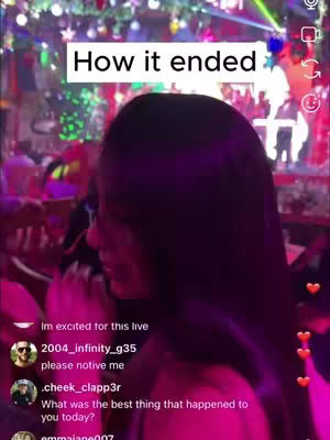 A selfie-style video. A young woman with long, dark hair is the subject. The background is a dimly lit room, possibly a club, with various colored lights. The composition is framed to show part of her face and upper body, with a focus on her profile. Text overlay reads How it ended.