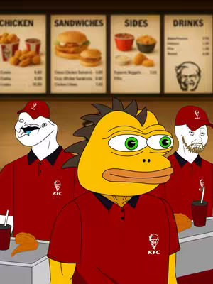 An image featuring anthropomorphic Pepe the Frog characters working in a KFC restaurant. The central figure is a yellow frog-like character with a green eyes and a spiky, brown mohawk, wearing a KFC uniform and a red KFC cap. The restaurant backdrop shows menus and signage with KFC branding, alongside two other Pepe characters.