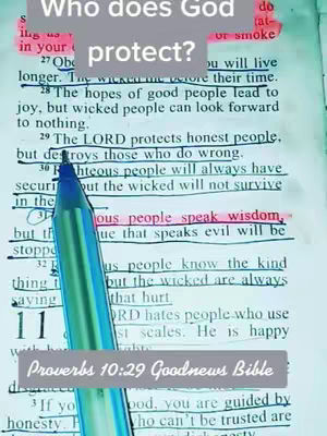A close-up shot of an open bible with a pencil pointing at a highlighted verse. The text overlay asks 'Who does God protect?'