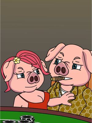 An animated image of two pigs, styled to resemble people, at a poker table. The pig on the right wears a patterned jacket, holds a cigar, and has a gold chain. The pig on the left, with pink hair, is wearing a red top. Poker chips are on the table, indicating a casino setting. The background is a gradient of dark colors.