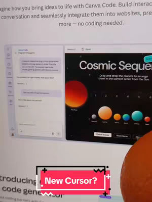 The image shows a screen capture of a software interface and a mobile phone. The screen shows what appears to be a planet matching game with the text 'Cosmic Sequence' at the top. Overlay text reads 'New Cursor?' at the bottom along with a red and green square.