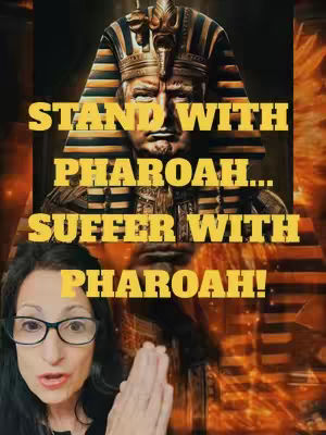 The cover image shows a woman in front of a composite image featuring a portrait that seems to be a Trump-like figure in a Pharaoh's headdress. The background blends orange and brown tones, hinting at fire or dramatic lighting. Bold yellow text overlays the images, and the woman is wearing glasses and appears to be speaking.