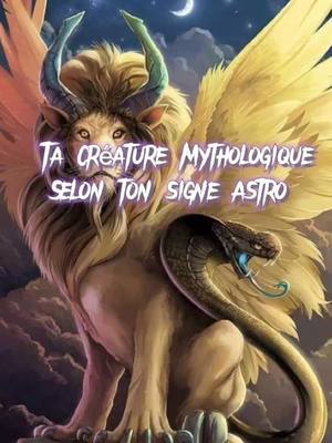 A fantasy image featuring a griffin-like creature with a lion's body and a snake coiled around its neck, set against a starry night sky with a crescent moon. Text overlayed in a glowing font.