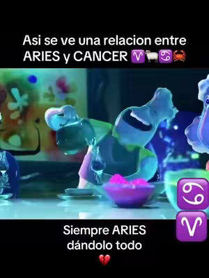 An animated image showing two figures interacting in a stylized environment. Text overlays describe the relationship between Aries and Cancer zodiac signs.