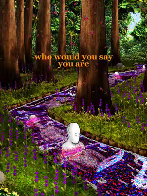 An illustrated landscape features a flowing purple river winding between tall, brown trees and lush green grass. Scattered throughout the scene are semi-transparent, white figures and small, spherical objects, possibly signifying figures or ideas. The overlay text 'who would you say you are' in a soft orange hue is positioned directly above the river's path, framing the central theme of self-reflection.