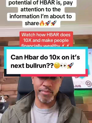 A man with glasses wearing a jacket is centered in the frame, looking towards the camera. Above him are text boxes providing information about a cryptocurrency, and some emojis are included in the text.