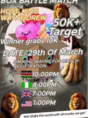 A promotional image for a battle match featuring text overlays, a cartoon heart, and lion illustrations.