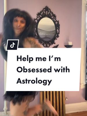 A woman is mid-jump in a room with a mirror and a TikTok logo. The caption reads, Help me I'm Obessed With Astrology