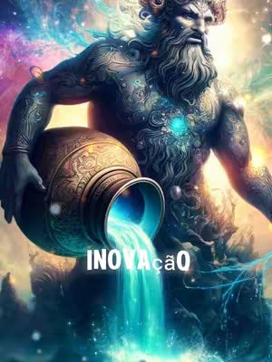An artistic illustration depicting the Aquarius astrological sign. At the center, a muscular male figure, adorned with detailed tattoos of intricate patterns, holds a large, ornate urn. Water, illustrated with luminescent teal, flows from the neck. The background is filled with swirling colors of purples, blues, and golds, creating a mystical atmosphere. Text overlayed at the bottom, reads 'INOVAÇÃO'.