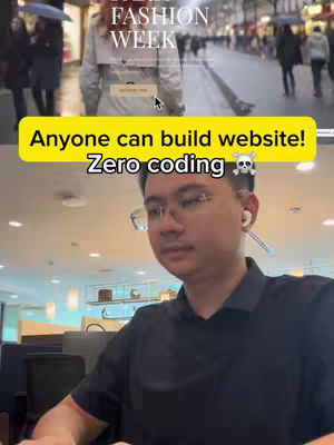 The cover image shows a man in a black shirt sitting and facing the camera. A yellow banner with white text is superimposed on an image of a street scene and the man. The text overlay includes the words "Anyone can build website! Zero coding" along with a skull emoji. The overall layout appears like a selfie with an informational overlay.