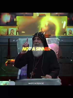 A man in religious attire is seated with his right index finger pointing upwards, a text overlay reads "NOT A SINNER". The image has a blurred background.