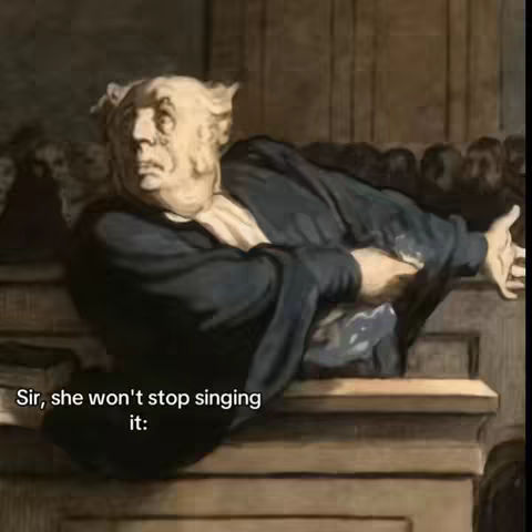 An illustration from an older era depicts a man, possibly a judge or a figure of authority, seated and gesturing with his arms. He leans on a wooden structure, with a concerned or exasperated expression. Text is overlaid at the bottom left, adding context to his gesture.