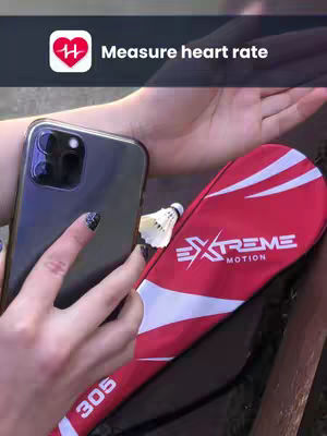 A person holding a smartphone over their wrist as if measuring their pulse, with a badminton racket and shuttlecock visible in the background. The top left of the image has a graphic with a heart and a pulse indicator.