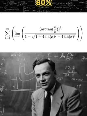 A grayscale image shows a man standing in front of a blackboard covered in mathematical equations. The man, dressed in a suit, is the central focus. At the top left, an overlay reads "80%" in a yellow, rounded box. Equations, including summation and fractional expressions, are written on the board, and there are also some graphs and numbers on the right side.