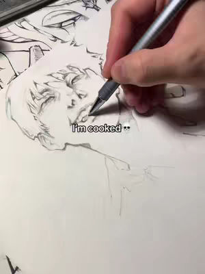 A hand holding a pen and drawing on a white paper. The drawing is a pencil sketch of a partially visible face. There is text at the bottom of the image.