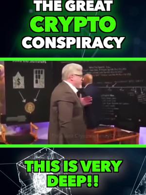 The image shows a split screen. The top half displays a scene with two men in a room that looks like a television studio. One man, wearing a suit and glasses, is gesturing towards a black board while another man is standing next to him. The bottom half features a computer graphics overlay with the text 'this is very deep' in green. The overall composition suggests an educational or explanatory video, likely related to the financial or conspiracy-themed content, given the top text.