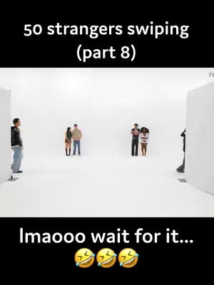 The image shows a staged dating scene. In the center, three couples stand separated by white walls, with individuals on the left and right sides. The bottom contains overlaid text and emojis. The color scheme is simple with a white background.