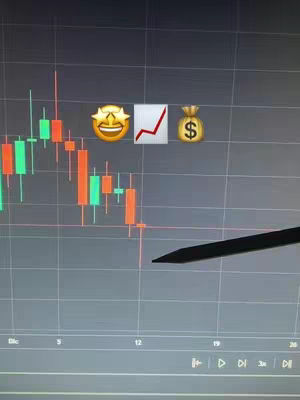 A computer screen displaying a crypto trading chart with green and red candlesticks, a smiling emoji with stars for eyes, an upwards trending line, and a money bag icon. A black pen is partially in the frame.