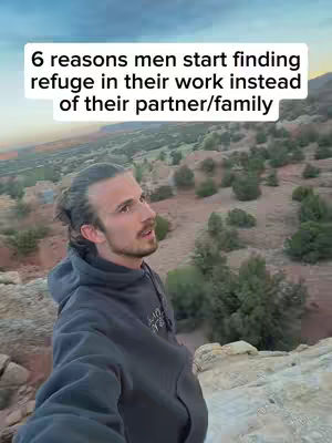 A man with long hair pulled back and a dark hoodie stands on a rocky area overlooking a canyon landscape with sparse green vegetation. The text overlay focuses on relationships vs work.