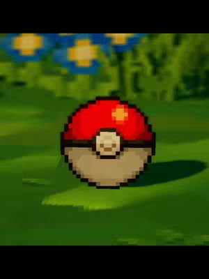 A pixelated image of a PokeBall resting on a green field with some blurred blue and yellow flowers in the background. The PokeBall is red on top and white on the bottom, with a black stripe separating the two colors and a button in the center. The background is a blurry green, suggesting grass and foliage.