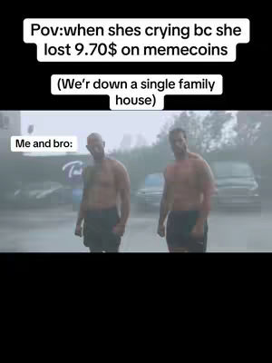 Two shirtless men in shorts stand in a parking lot in front of a building and vehicles, seemingly in the rain or mist. Text overlays the top of the image and below the scene. The image has a dark, subdued color palette.