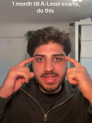 A man with a beard is pointing his index fingers towards his temples. Above the man, the text reads, '1 month till A-Level exams, do this'.